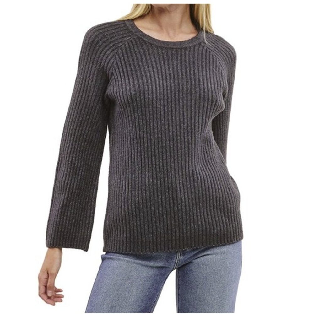 Fever Women's New Bell Sleeve Soft Marled Ribbed Knit Crewneck Gray Sweater